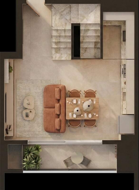 Apartamento diferenciado à venda no Fazenda: Planta do duplex final 03, nível inferior: estar, jantar, cozinha, escada e sacada