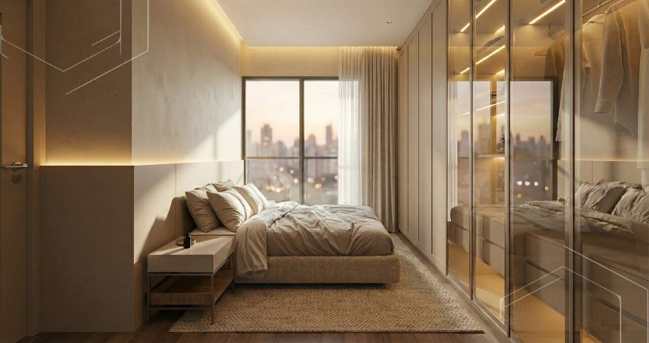 Apartamento diferenciado à venda no Fazenda: Suíte do duplex com armários de vidro (imagem ilustrativa)