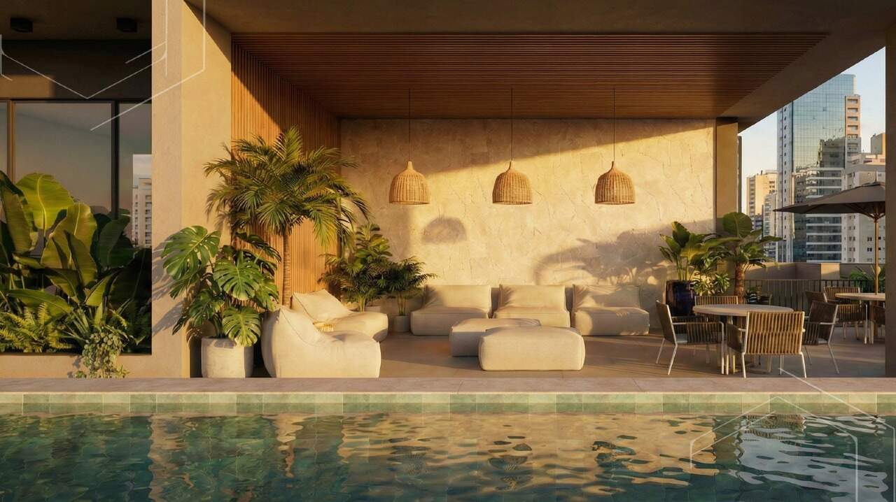 Apartamento diferenciado à venda no Fazenda: Lounge coberto junto à piscina externa (imagem ilustrativa)