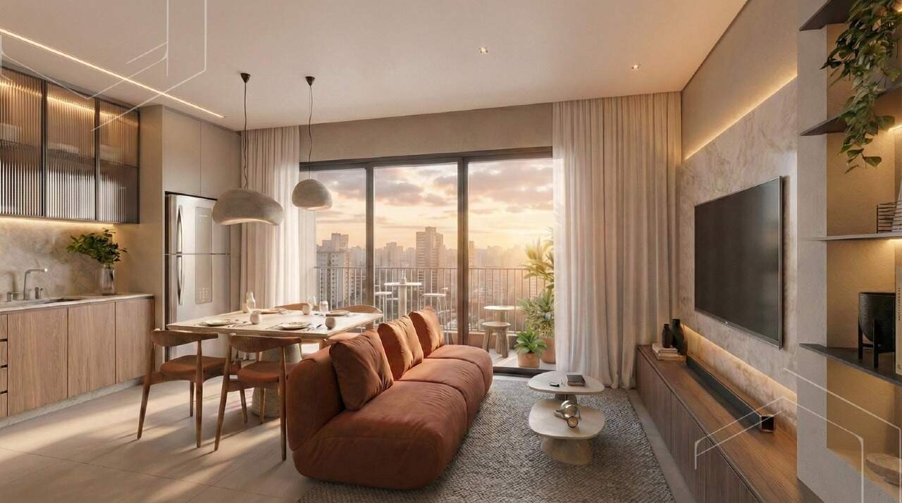 Apartamento diferenciado à venda no Fazenda: Estar e jantar do duplex de 79 m² do West Line (imagem ilustrativa)