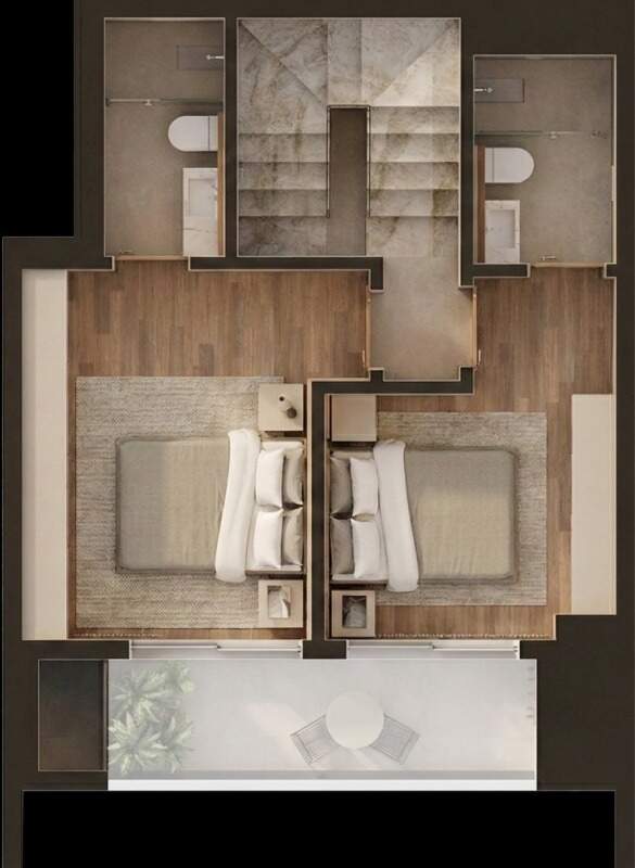 Apartamento diferenciado à venda no Fazenda: Planta do duplex final 03, nível superior: duas suítes com banheiro