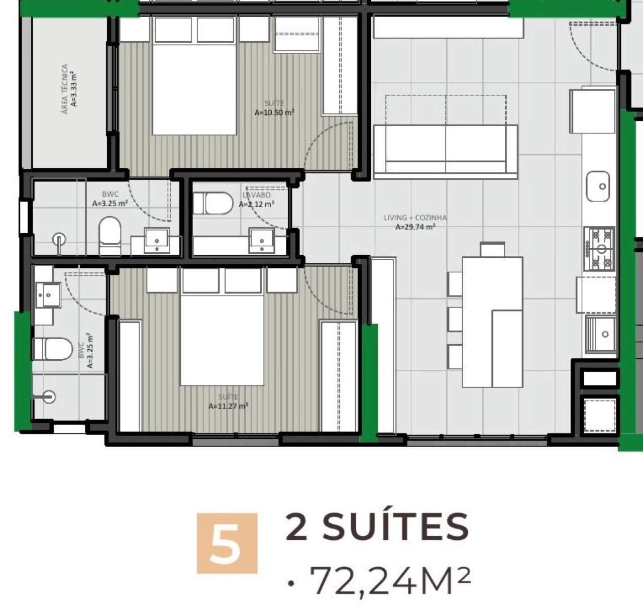 Apartamento à venda no Fazendinha: Planta do final 5 do Metropolitan: 72,24 m² com 2 suítes
