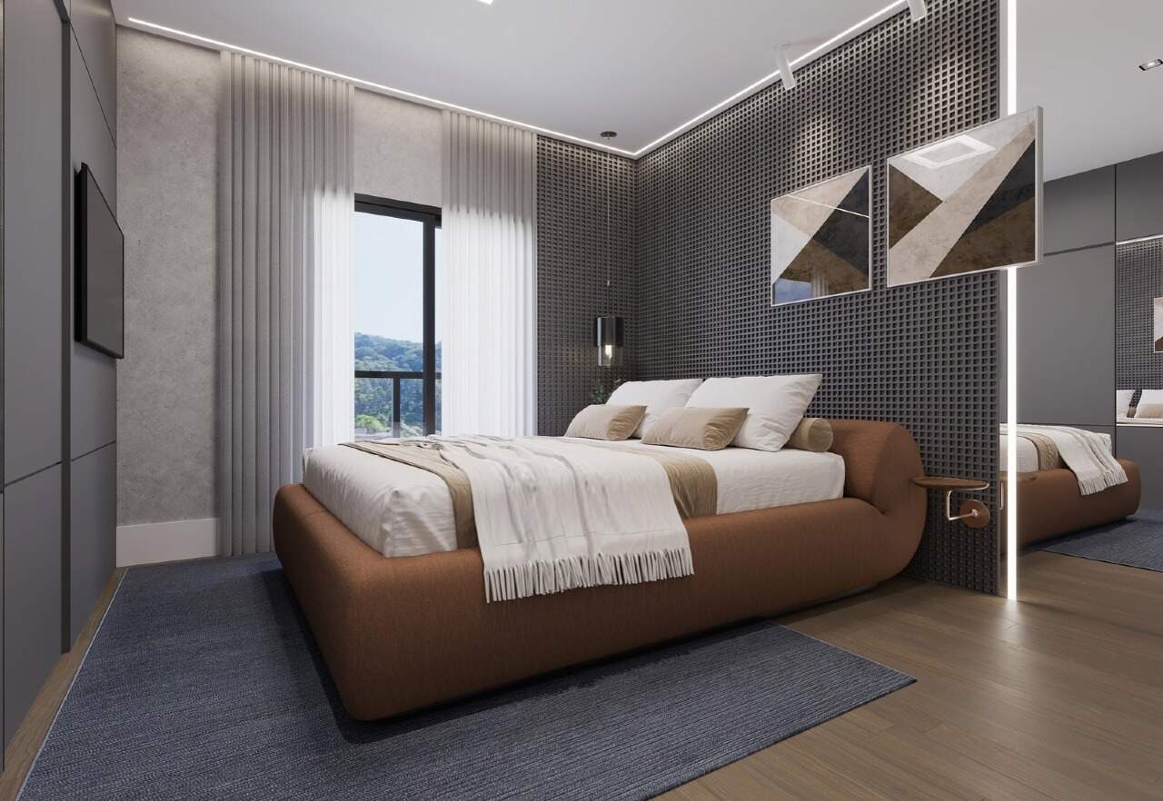 Apartamento à venda no Fazendinha: Suíte com cama de base estofada e janela (imagem ilustrativa)