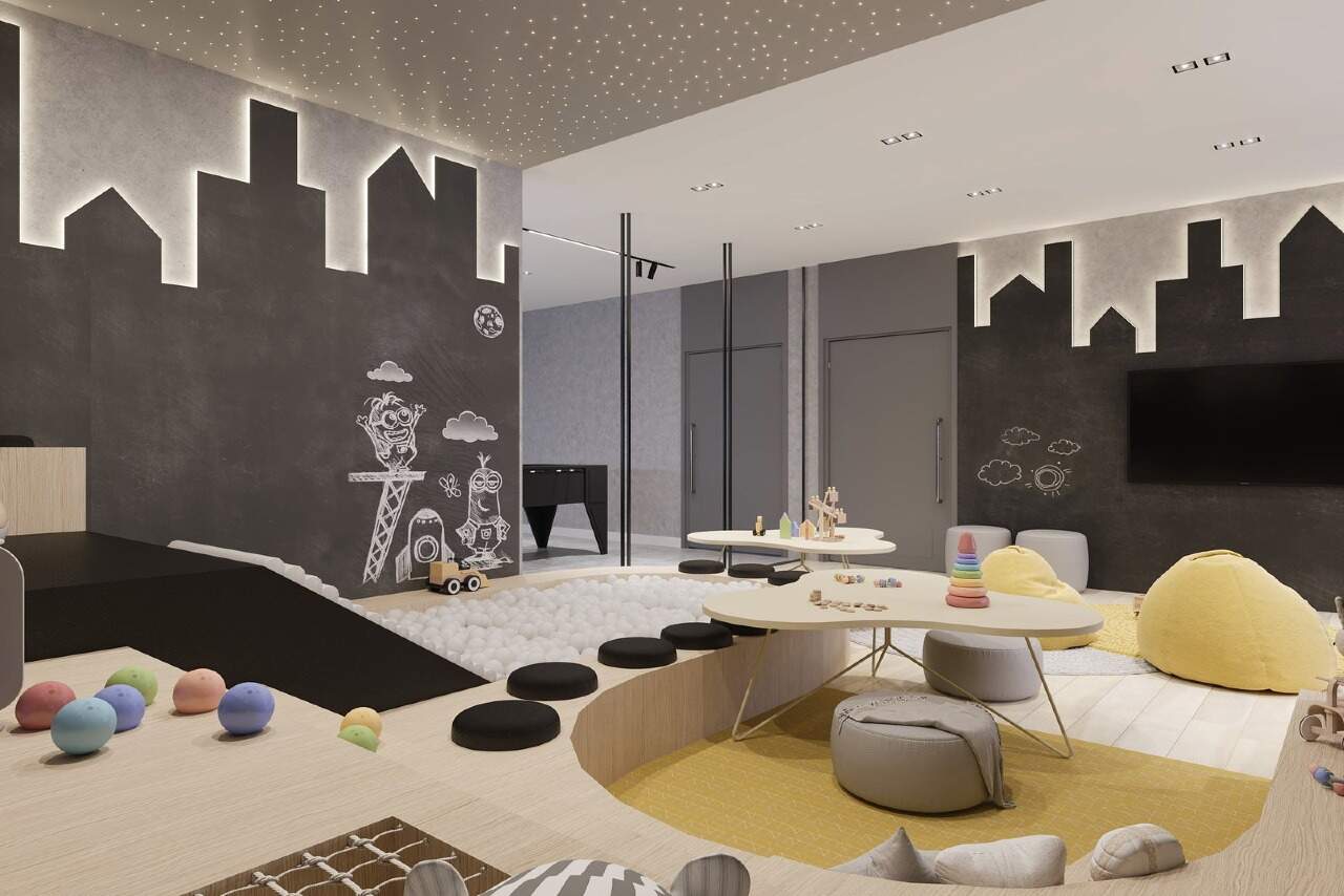 Apartamento à venda no Fazendinha: Brinquedoteca com área de brincar e pufes (imagem ilustrativa)
