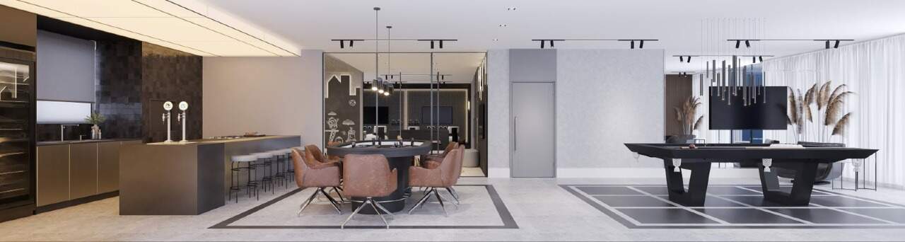Apartamento à venda no Fazendinha: Salão com pub, mesa de sinuca e estar (imagem ilustrativa)