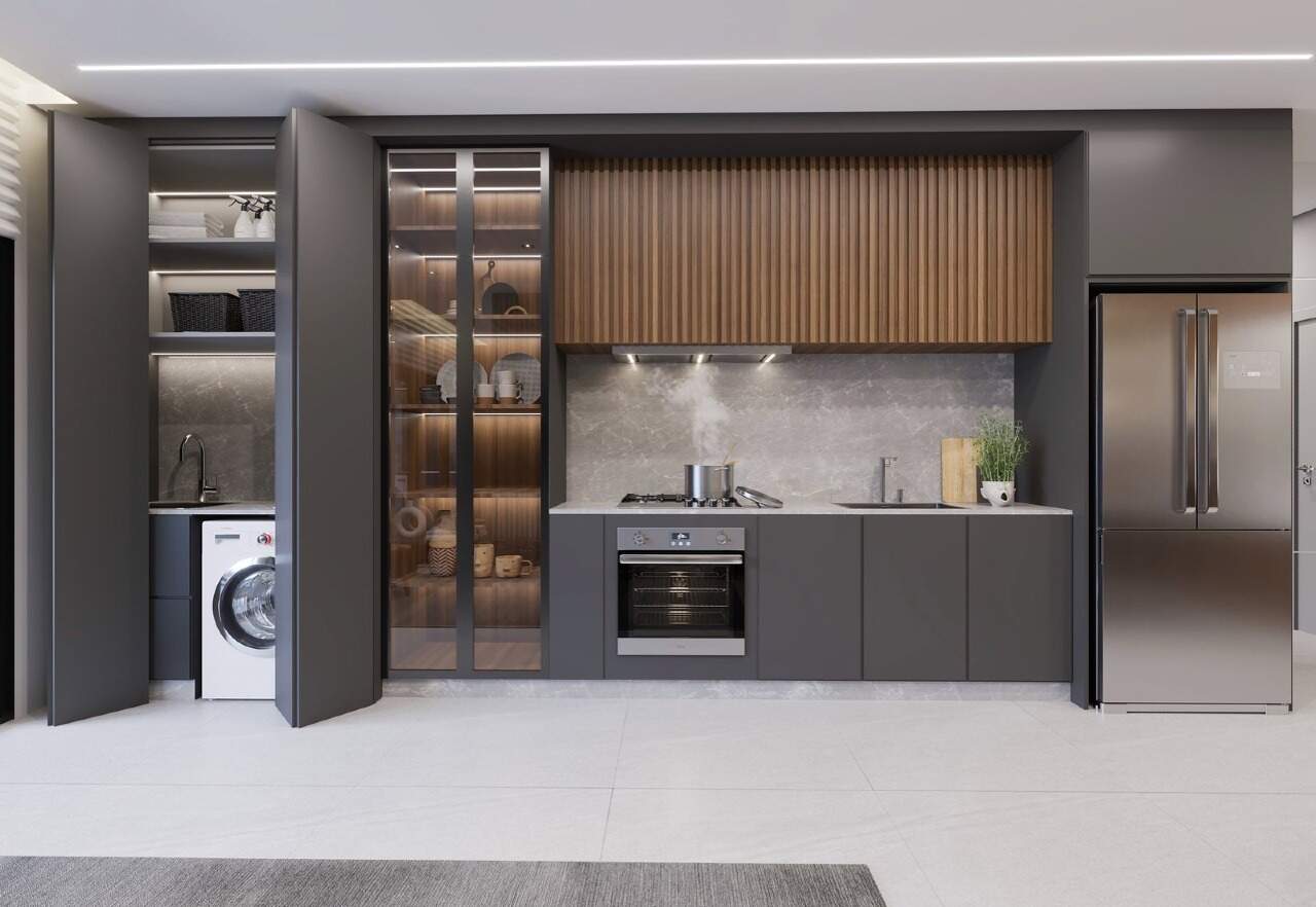 Apartamento à venda no Fazendinha: Cozinha com forno de embutir e espaço para lavadora (imagem ilustrativa)