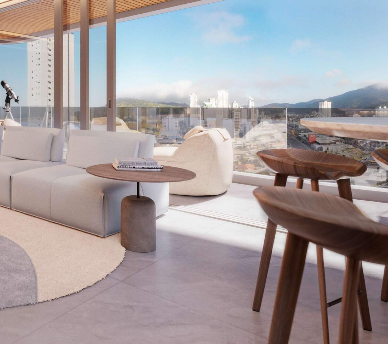 Apartamento à venda no Fazenda: Living integrado à varanda, com bancada e banquetas (imagem ilustrativa)