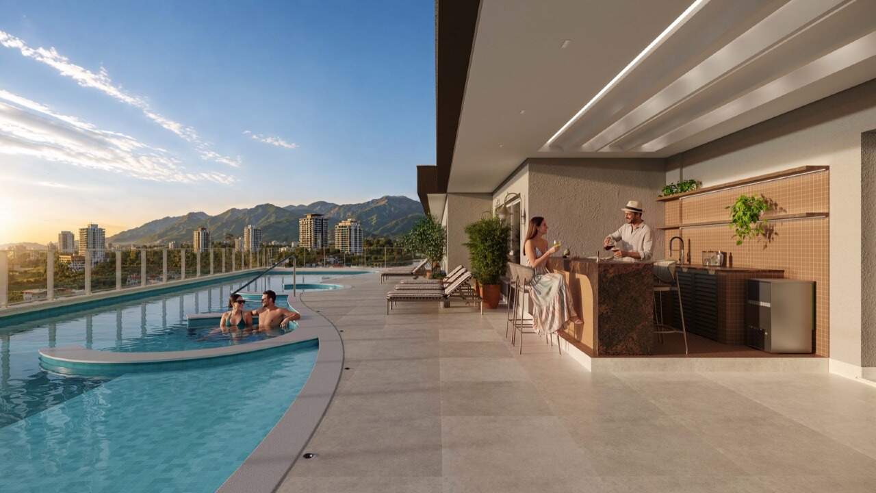 Apartamento à venda no Fazenda: Bar da piscina ao entardecer, no lazer do 6º pavimento (imagem ilustrativa)