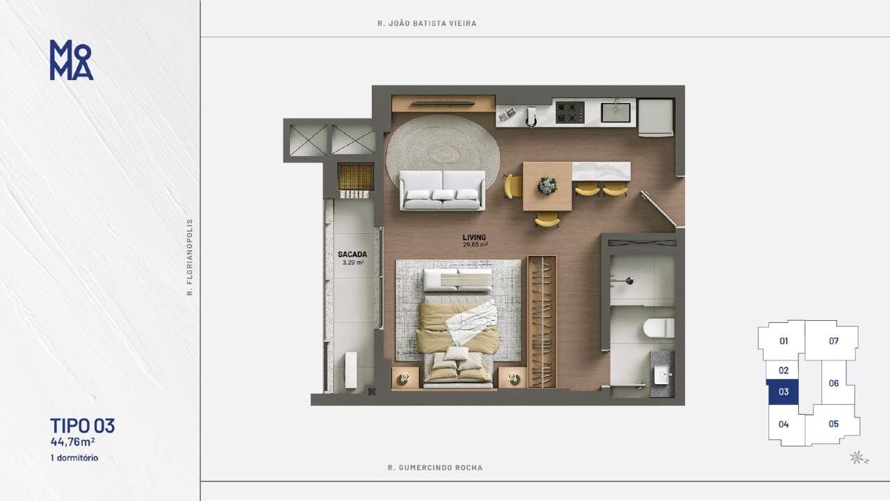 Apartamento à venda no Fazenda: Planta do tipo 03: 44,76 m², 1 dormitório e sacada de 3,29 m²