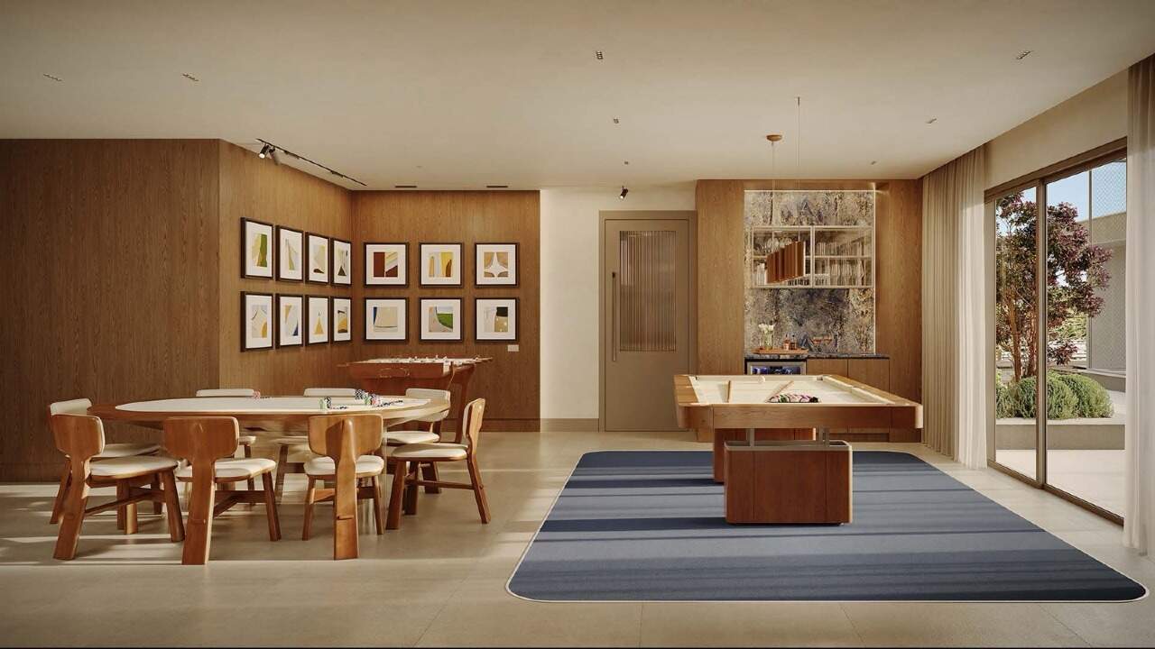Apartamento à venda no Fazenda: Salão de jogos Matisse com mesas de jogos e espaço gourmet (imagem ilustrativa)