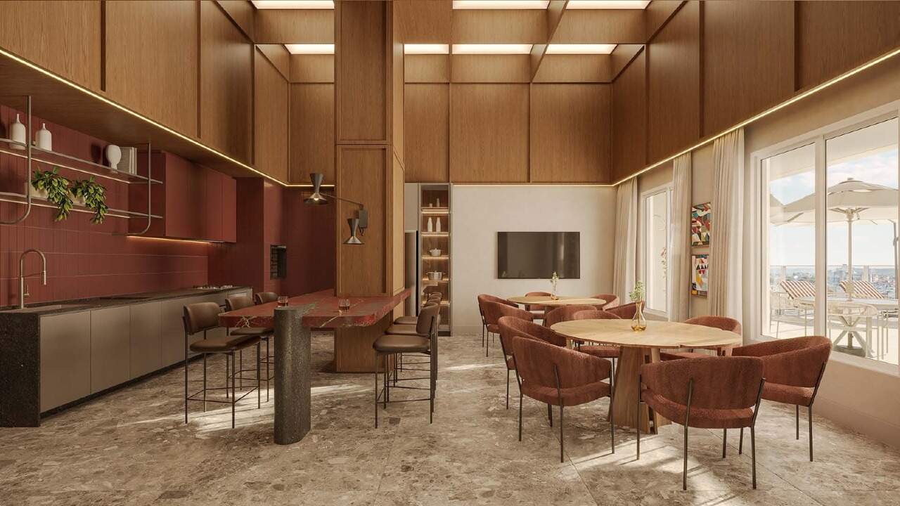 Apartamento à venda no Fazenda: Gourmet Portinari com cozinha e mesas de jantar (imagem ilustrativa)