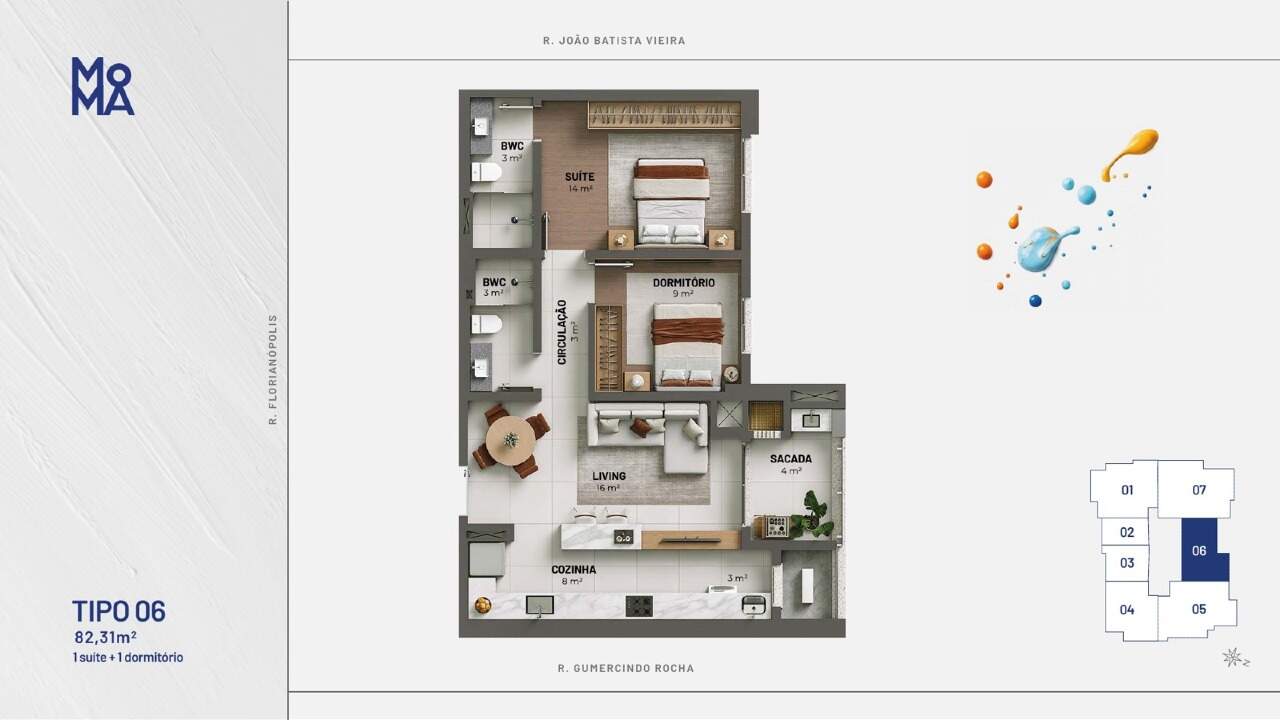 Apartamento à venda no Fazenda: Planta do tipo 06: 82,31 m², 1 suíte, 1 dormitório e sacada de 4 m²