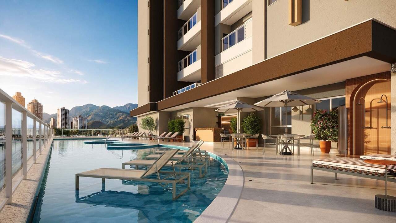 Apartamento à venda no Fazenda: Prainha com espreguiçadeiras dentro da piscina (imagem ilustrativa)