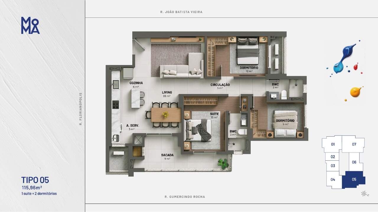 Apartamento à venda no Fazenda: Planta do tipo 05: 115,96 m², 1 suíte, 2 dormitórios e sacada de 9 m²