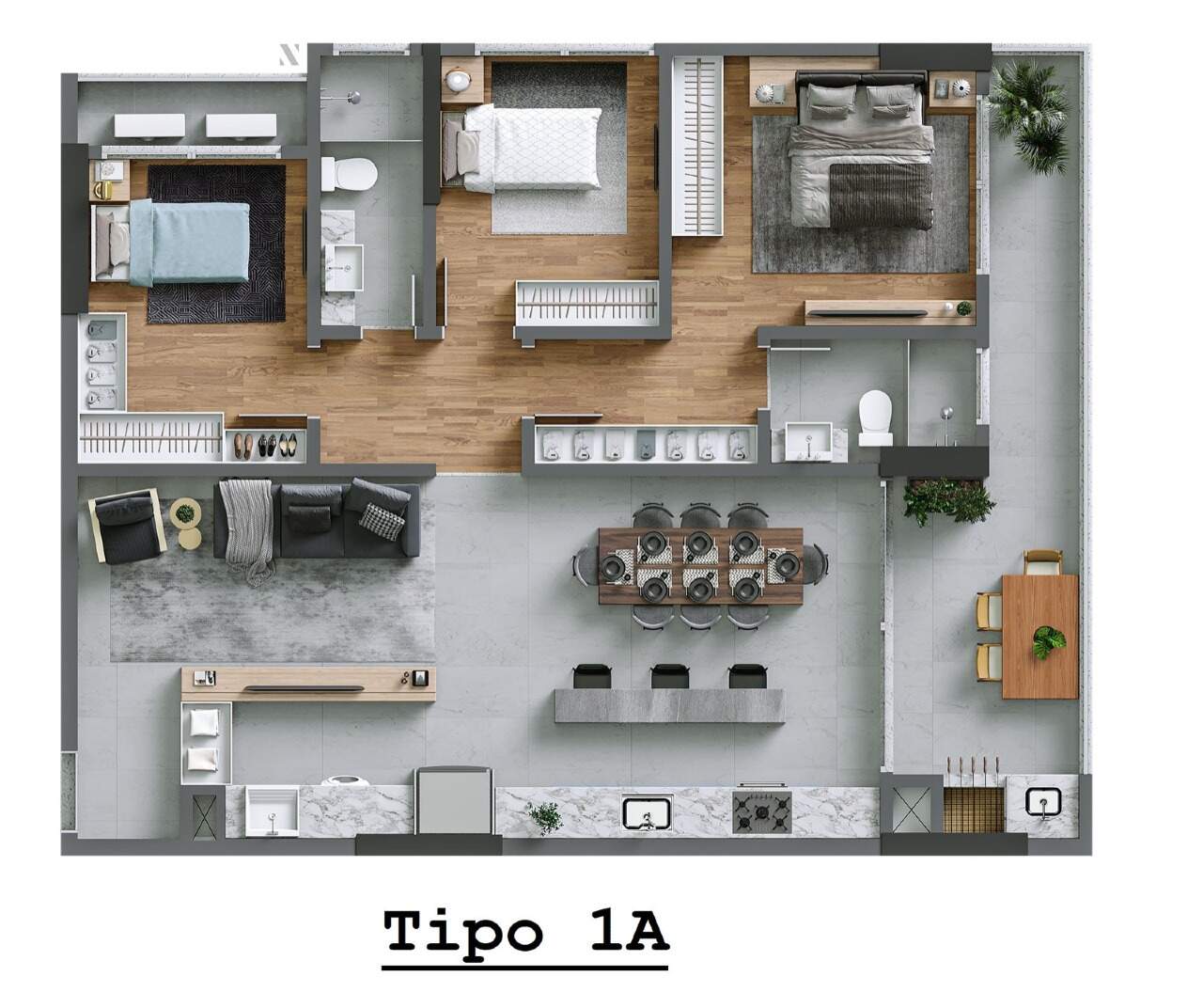 Apartamento à venda no Praia Brava: Planta do final 01 do Bloco A: 110 m², 3 dormitórios e sacada com churrasqueira (ilustrativa)