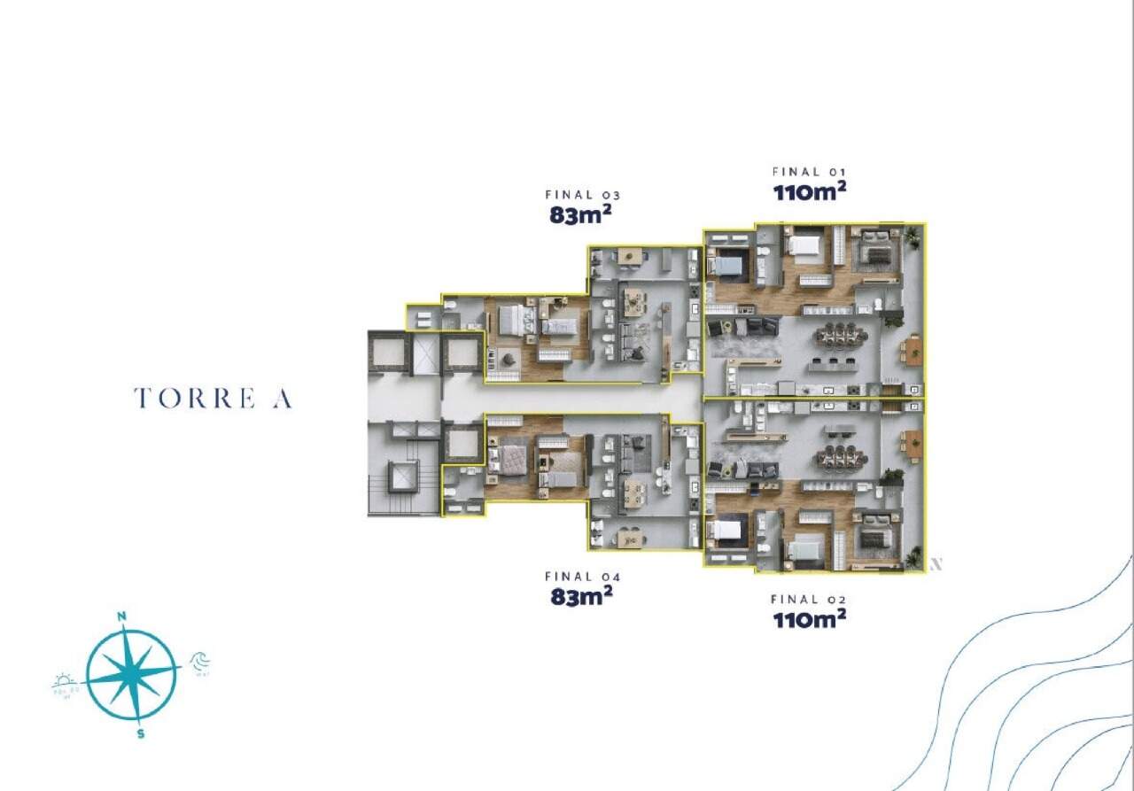 Apartamento à venda no Praia Brava: Pavimento do Bloco A com os quatro finais; os de 110 m² ficam na ponta leste (ilustrativa)