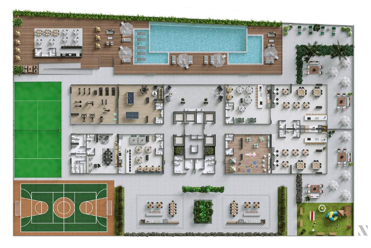 Apartamento à venda no Praia Brava: Planta do lazer do Sirena, com piscina, quadras e salões (ilustrativa)