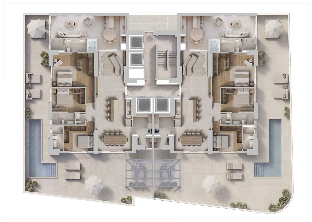 Apartamento diferenciado à venda no Centro: Pavimento dos diferenciados com terraços e piscinas; este anúncio é do final 1