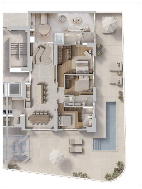 Apartamento diferenciado à venda no Centro: Planta do diferenciado de 438,95 m²: 3 suítes, terraço e piscina privativa