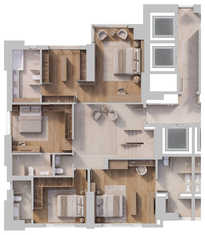 Cobertura à venda no Centro: Planta do pavimento inferior da cobertura duplex: 4 suítes, uma delas master
