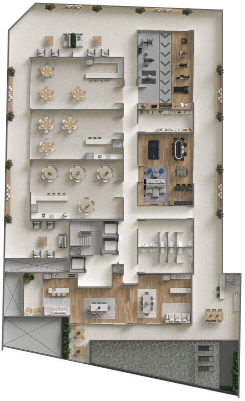 Apartamento à venda no Centro: Planta do pavimento de lazer com piscina e salões de festas
