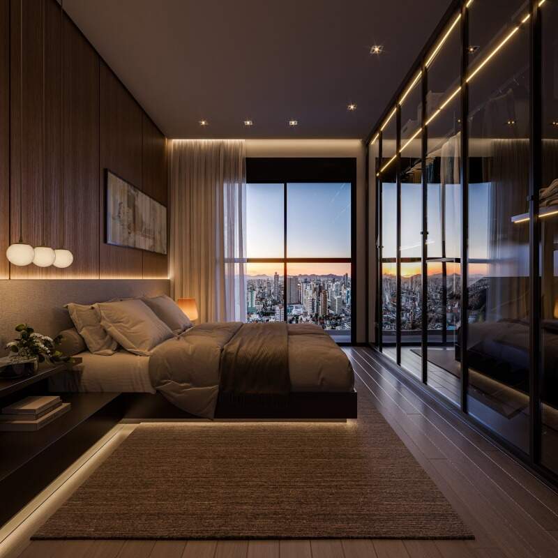 Apartamento à venda no Centro: Suíte decorada com vista da cidade (imagem ilustrativa)