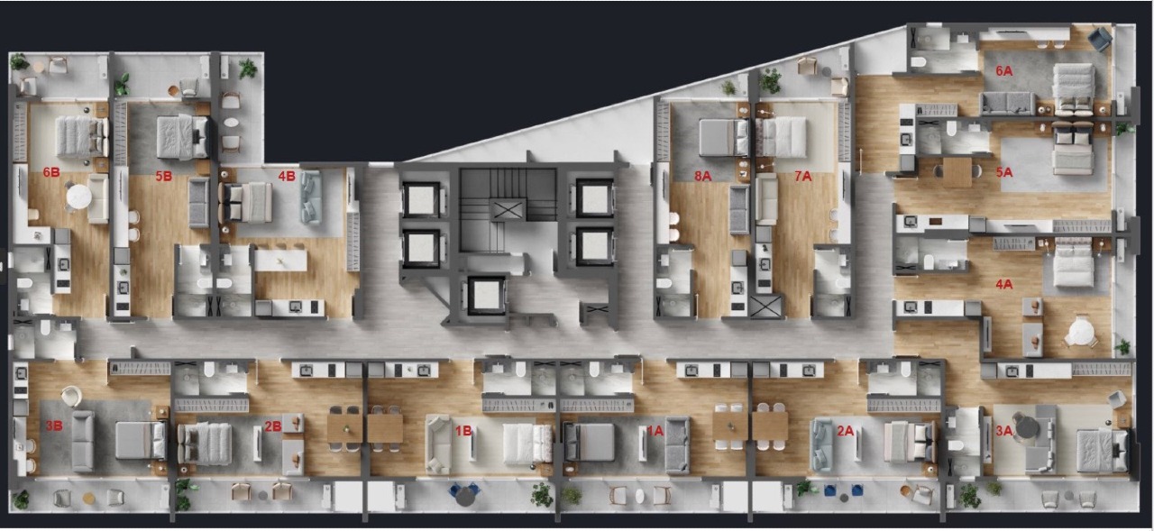 Apartamento à venda no Centro: Pavimento tipo com 14 studios; este é o final 7 do bloco A, marcado como 7A