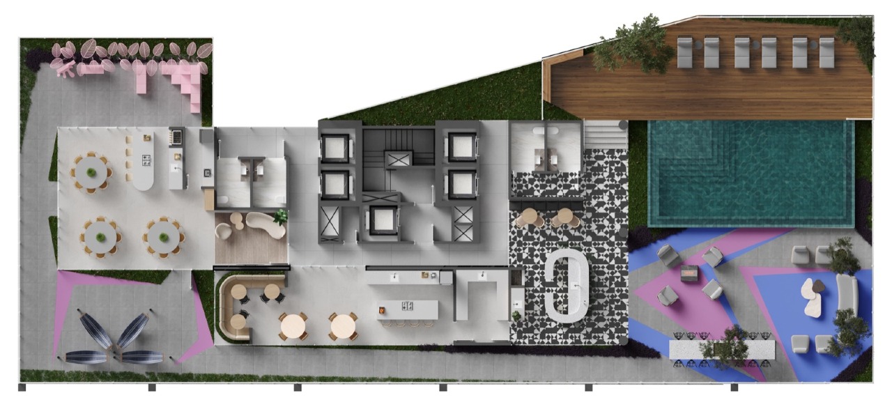 Apartamento à venda no Centro: Planta do rooftop, com piscina, lounge e espaço gourmet (imagem ilustrativa)