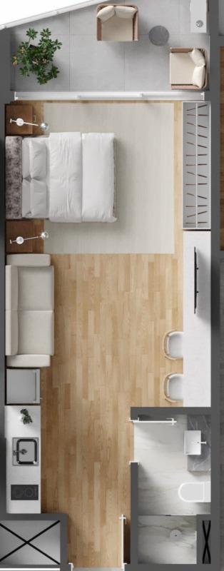 Apartamento à venda no Centro: Planta do studio final 7 do bloco A, de 40 m², com a sacada na fachada (imagem ilustrativa)