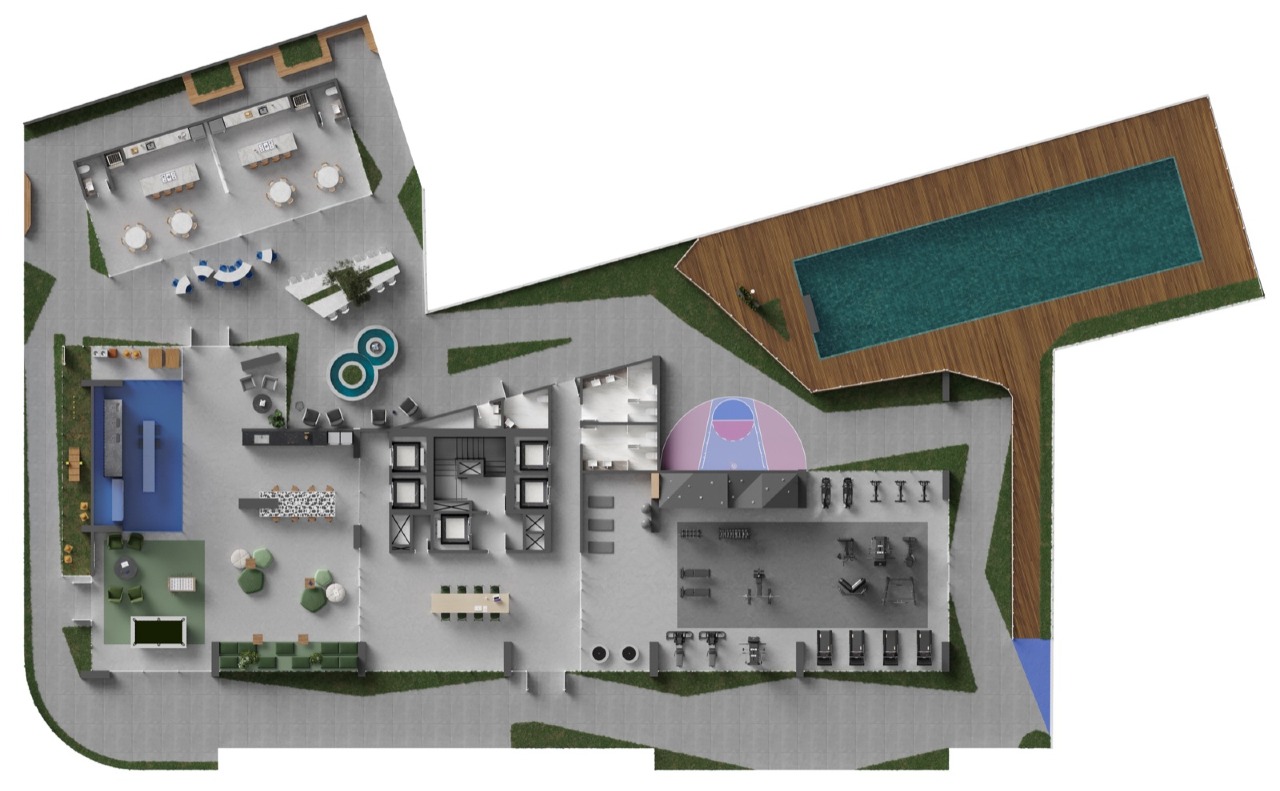 Apartamento à venda no Centro: Planta do pavimento de lazer, com piscina, academia e espaço gourmet (imagem ilustrativa)