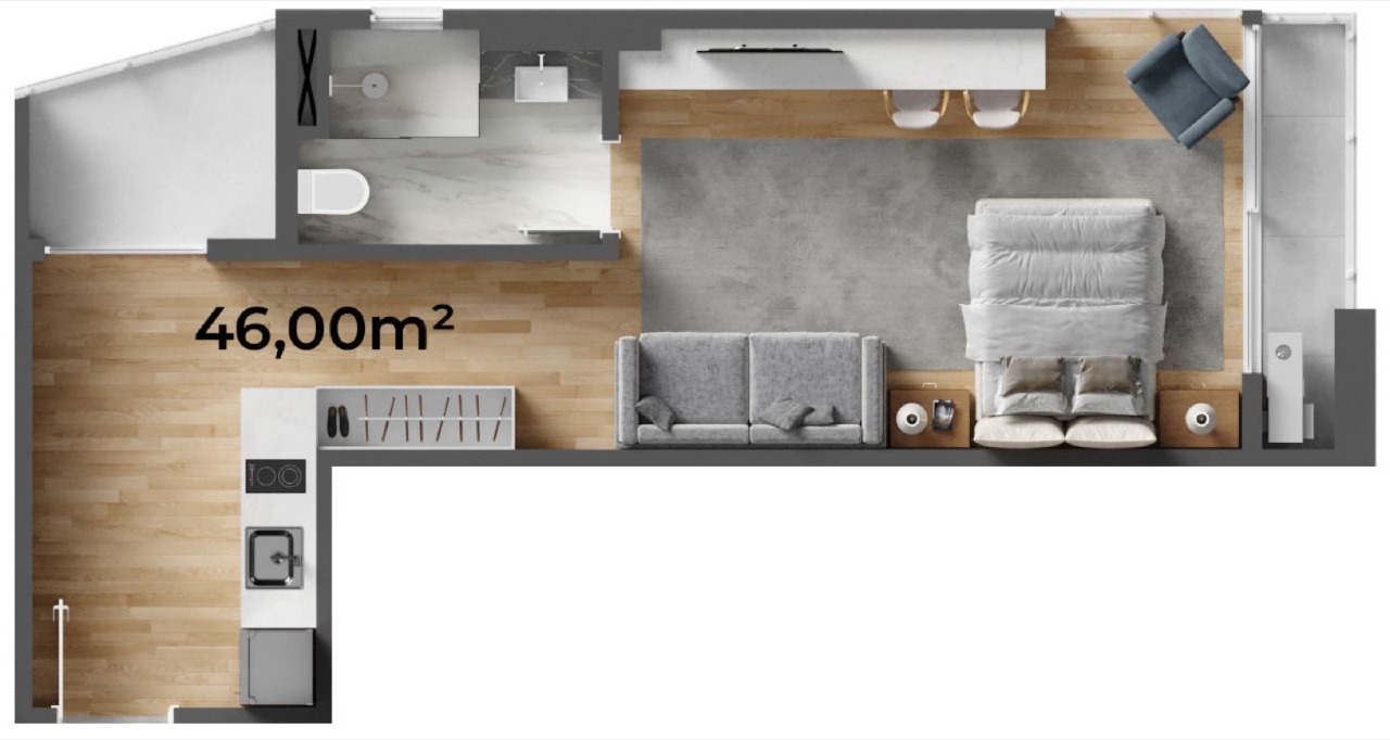 Apartamento à venda no Centro: Planta do studio lateral de 46 m²: estar e cama junto à janela, cozinha na entrada