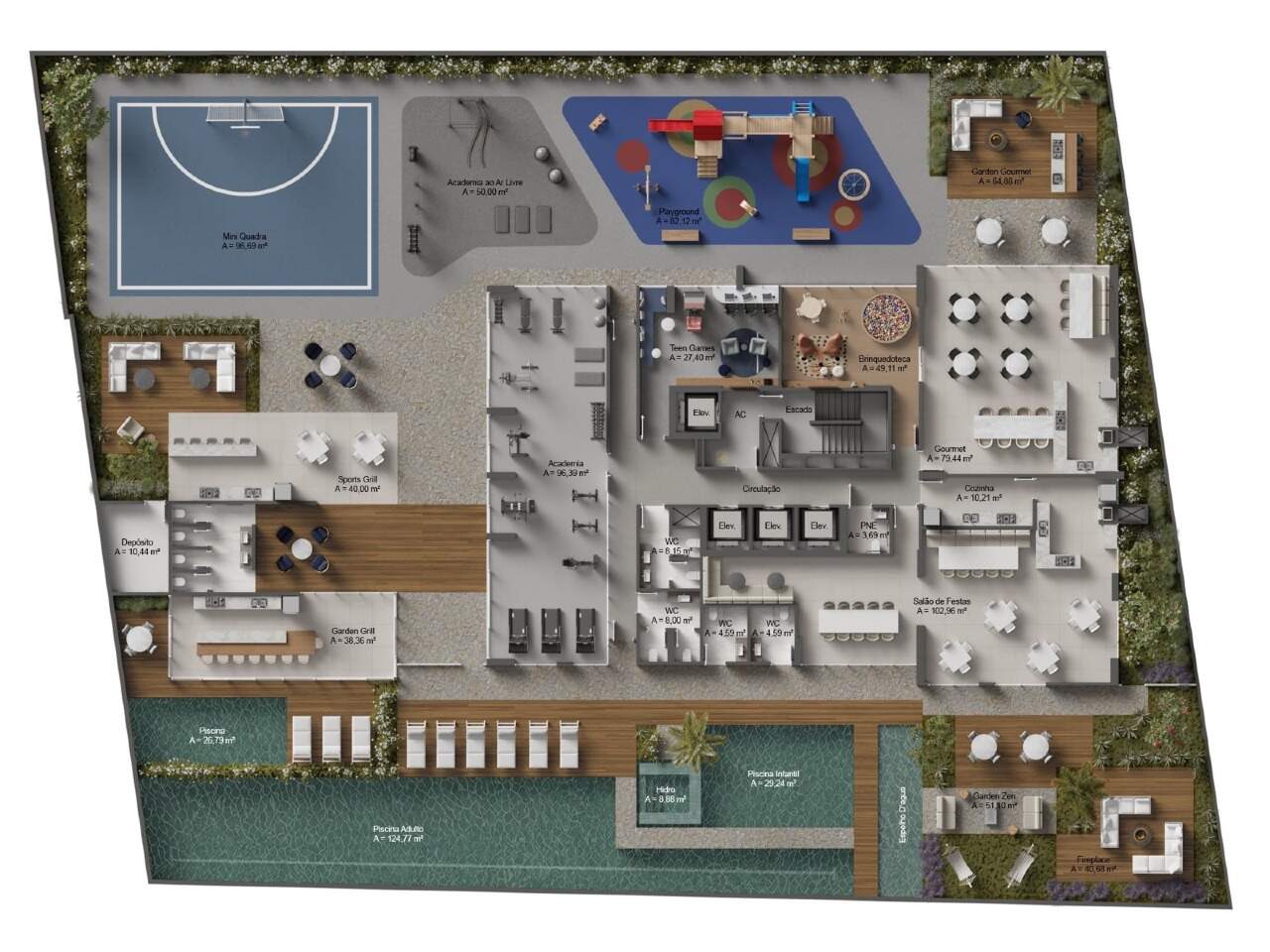 Apartamento à venda no Centro: Planta do pavimento de lazer: piscinas, quadra, playground e academia (imagem ilustrativa)