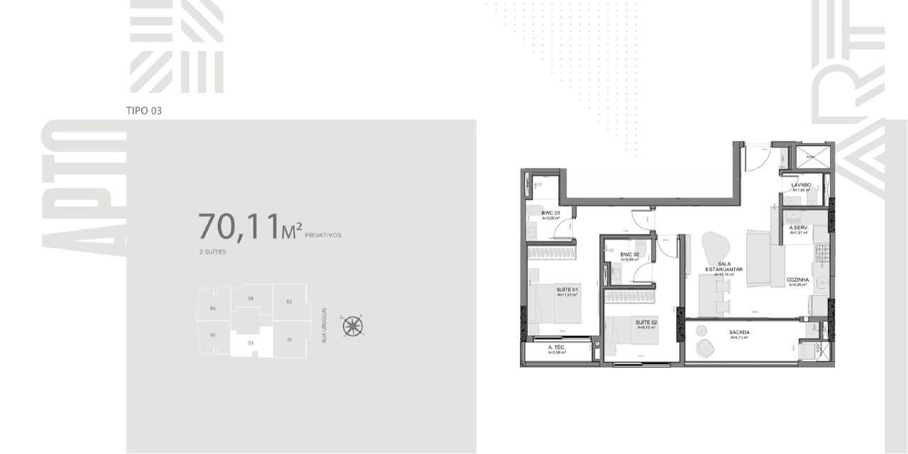 Apartamento à venda no Centro: Planta do final 03: 70,11 m² com 2 suítes, lavabo e sacada com churrasqueira