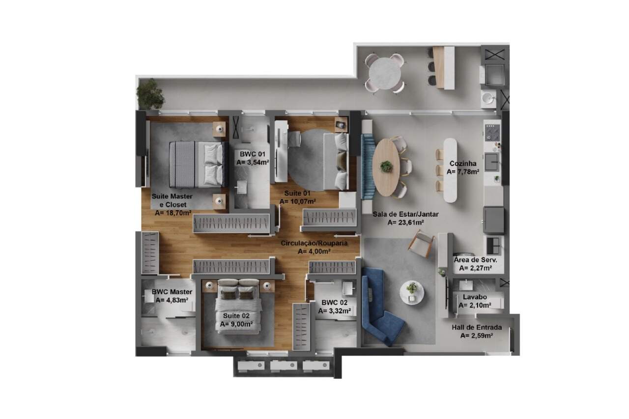 Apartamento à venda no Fazenda: Planta do final 01: 129 m², 3 suítes, sala integrada e sacada com churrasqueira