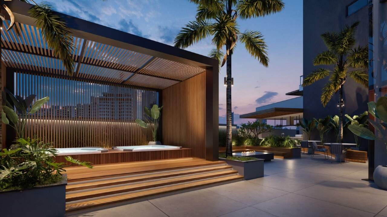 Apartamento à venda no Fazenda: Spa com pergolado ao anoitecer (imagem ilustrativa)