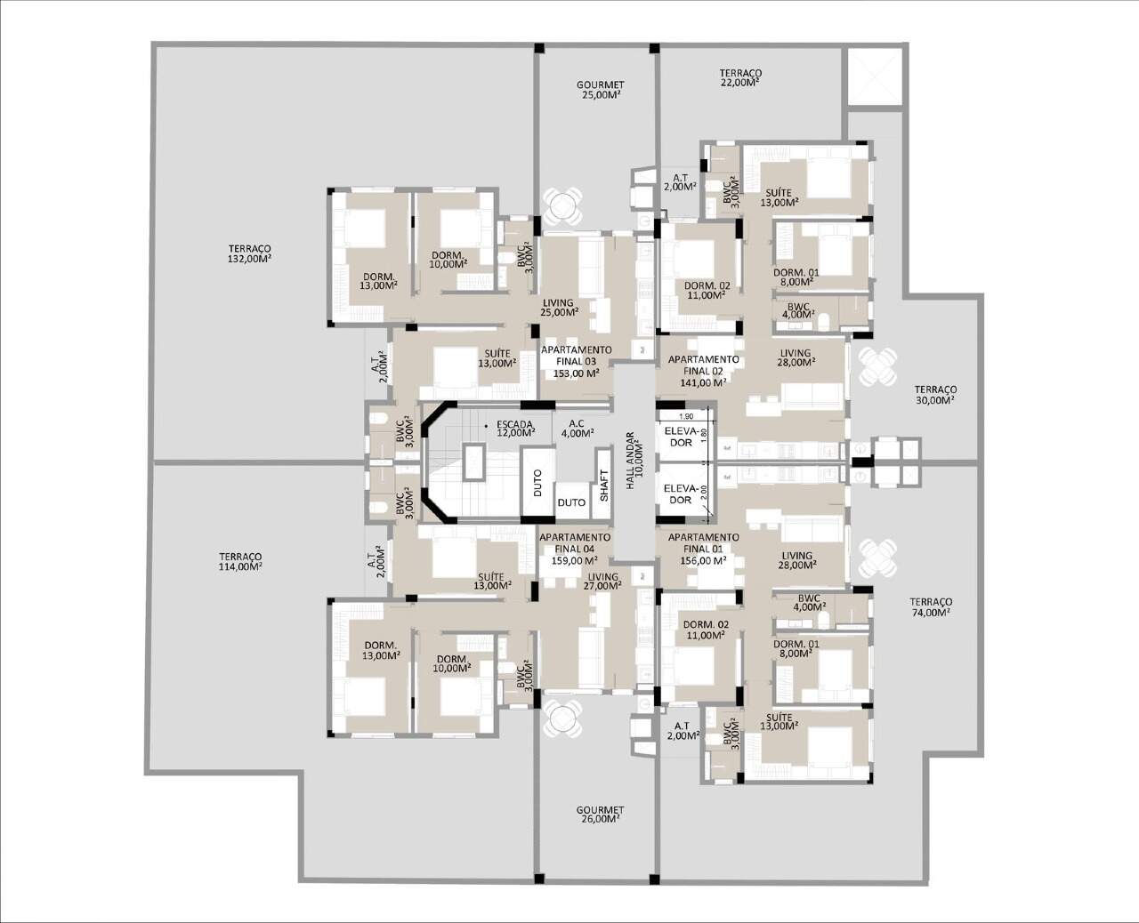 Apartamento diferenciado à venda no Fazenda: Pavimento dos diferenciados, com os terraços dos quatro apartamentos