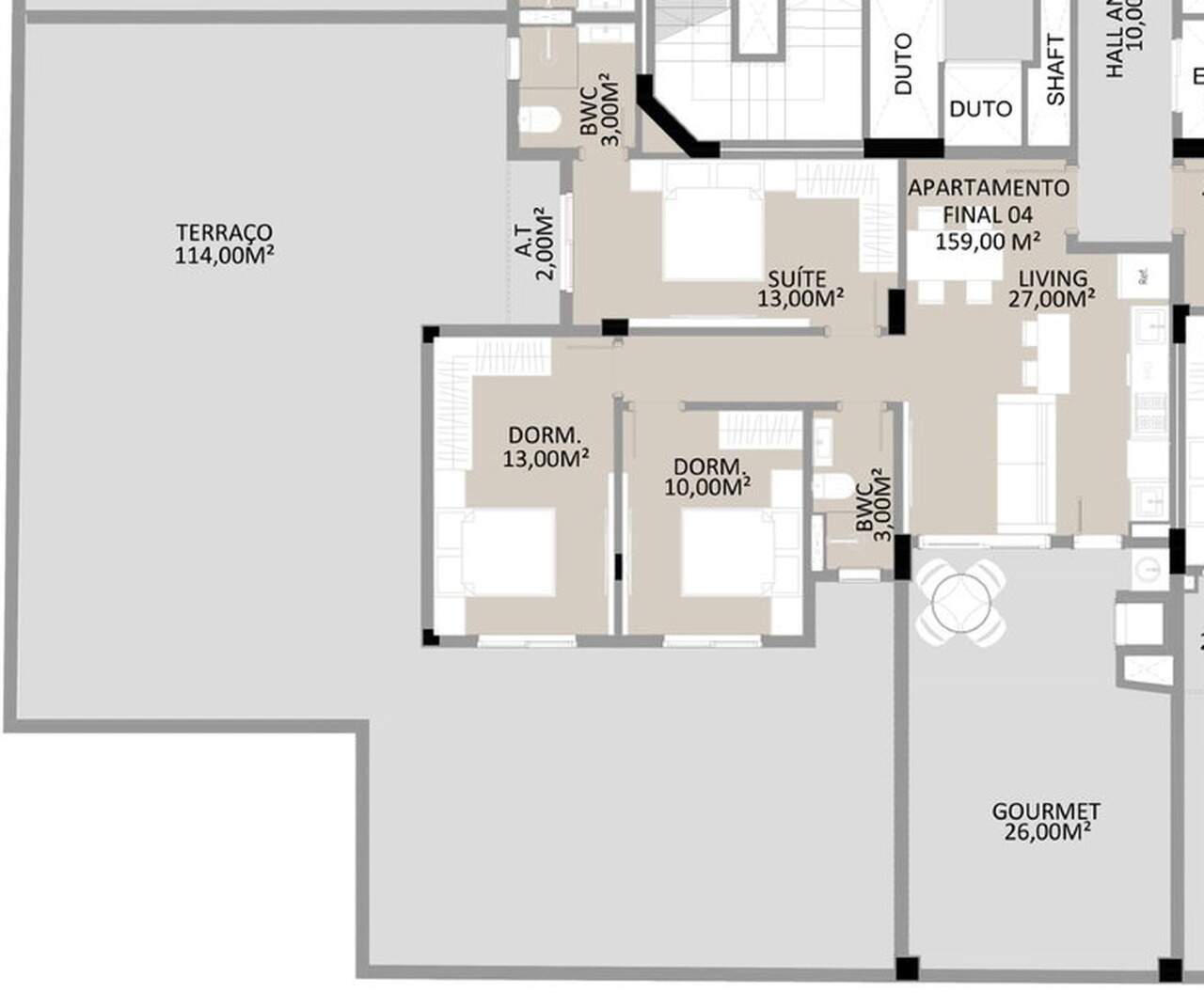 Apartamento diferenciado à venda no Fazenda: Planta do final 4: 3 dormitórios com suíte, espaço gourmet de 26 m² e terraço de 114 m²