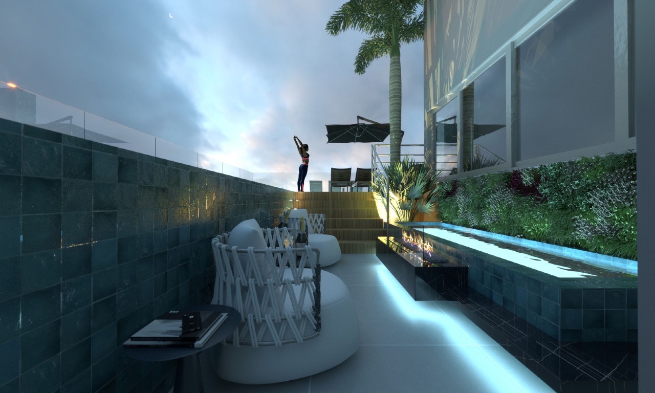 Cobertura à venda no Praia Brava: Lounge da cobertura à noite, com jardim vertical (imagem ilustrativa)