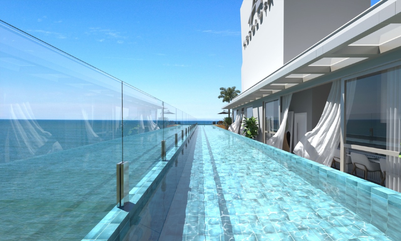 Cobertura à venda no Praia Brava: Piscina em raia com borda de vidro e vista para o mar (imagem ilustrativa)