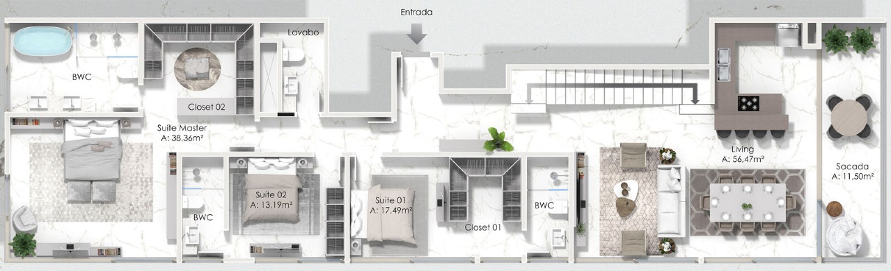 Cobertura à venda no Praia Brava: Planta do pavimento inferior da cobertura de 320,84 m²: living, sacada e 3 suítes