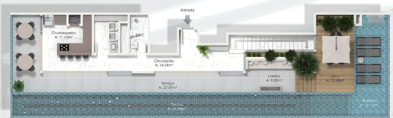 Cobertura à venda no Praia Brava: Planta do pavimento superior: terraço, piscina em raia, prainha, deck e churrasqueira