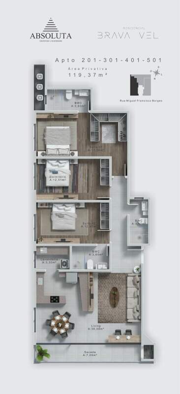 Apartamento à venda no Praia Brava: Planta do final 01 do Brava Vel: 120,87 m² com 2 suítes e 1 dormitório
