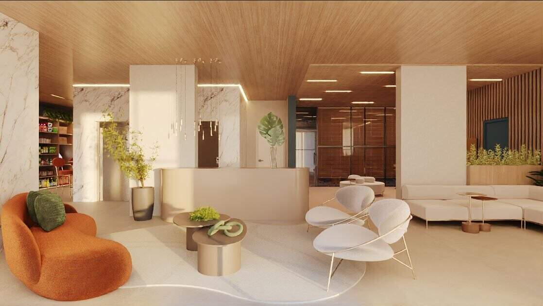 Apartamento à venda no Fazenda: Lobby do térreo com recepção, poltronas e estar (imagem ilustrativa)