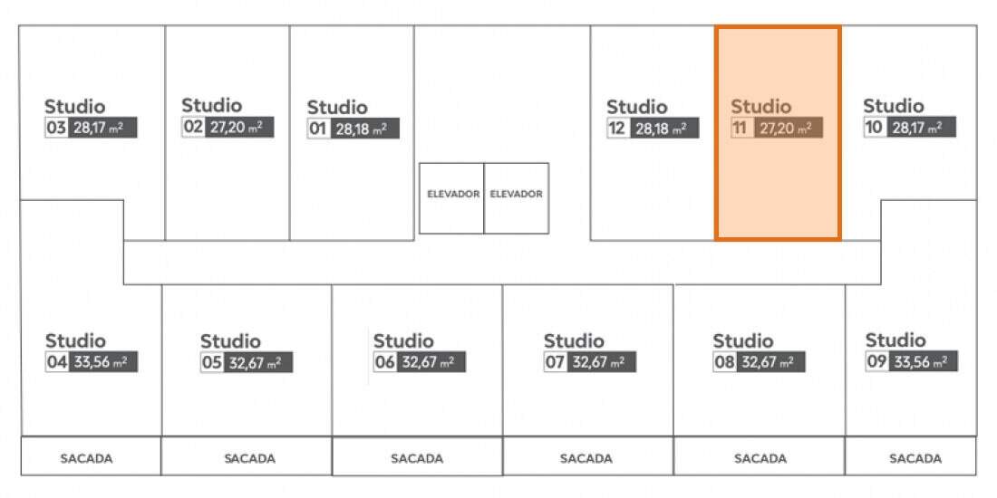 Apartamento à venda no Fazenda: Pavimento tipo com o studio final 11 em destaque; área da unidade pela tabela da Criar
