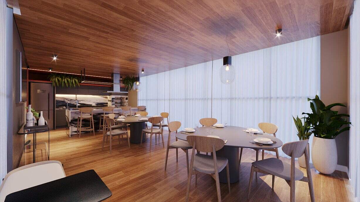 Apartamento à venda no Fazenda: Sky gourmet com mesas para receber, no rooftop (imagem ilustrativa)