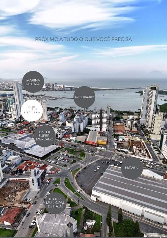 Apartamento à venda no Fazenda: Foto aérea com a localização do Artisan, perto da Marina de Itajaí e da Avenida Beira-Rio
