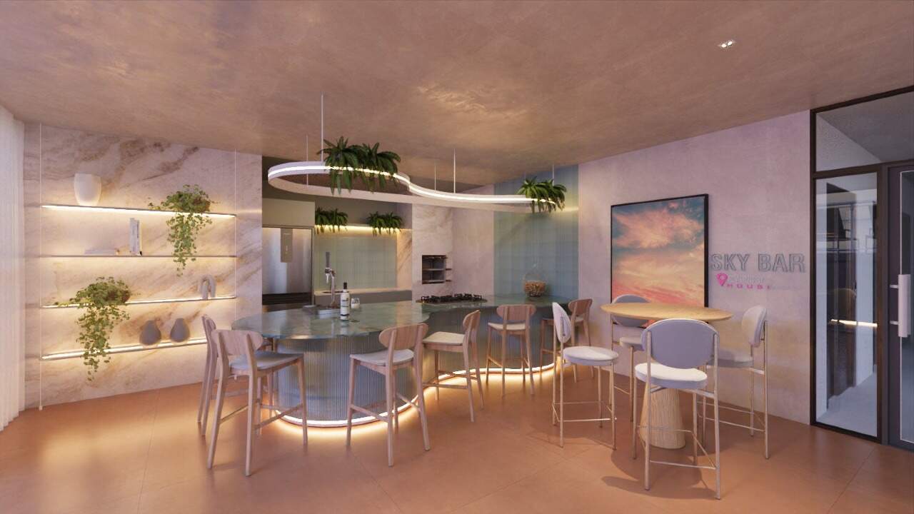 Apartamento à venda no Fazenda: Sky bar com balcão iluminado e mesas (imagem ilustrativa)