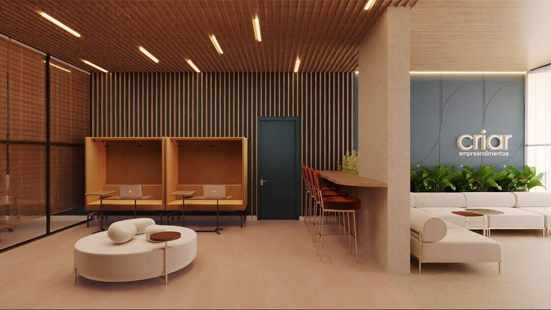 Apartamento à venda no Fazenda: Coworking do térreo com cabines de trabalho e estar (imagem ilustrativa)