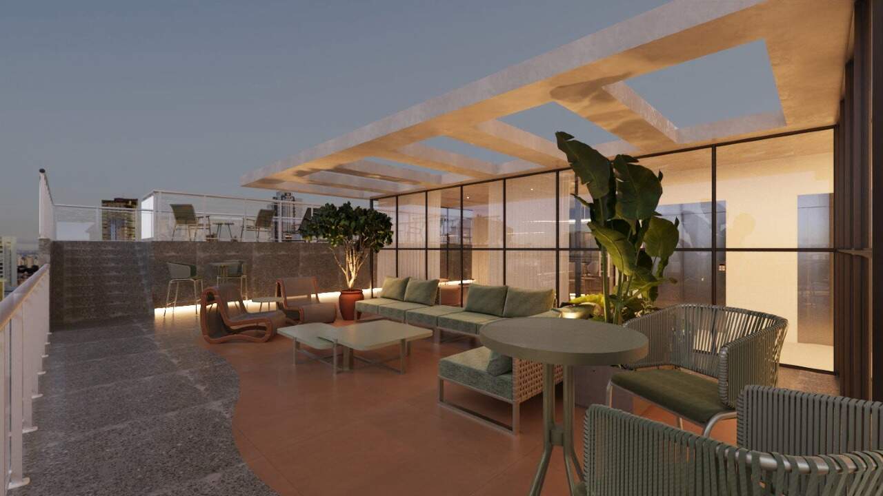 Apartamento à venda no Fazenda: Terraço do rooftop com lounge, sofás e mesas ao lado da piscina (imagem ilustrativa)
