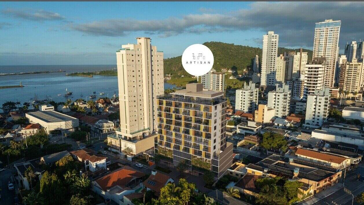 Apartamento à venda no Fazenda: Fotomontagem aérea do Artisan no bairro Fazenda, com a barra do rio ao fundo (imagem ilustrativa)